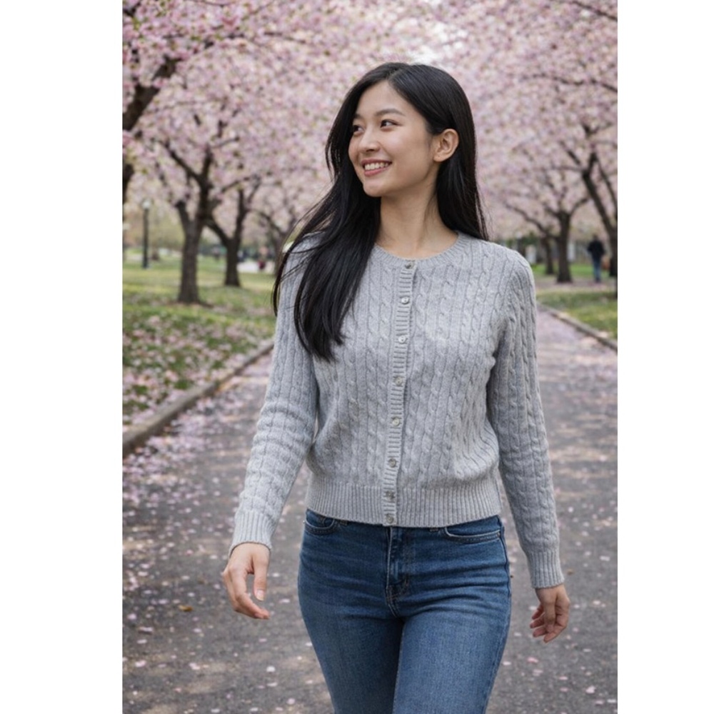 Eddie Bauer Gray Cardigan Cable-Knit Sweater